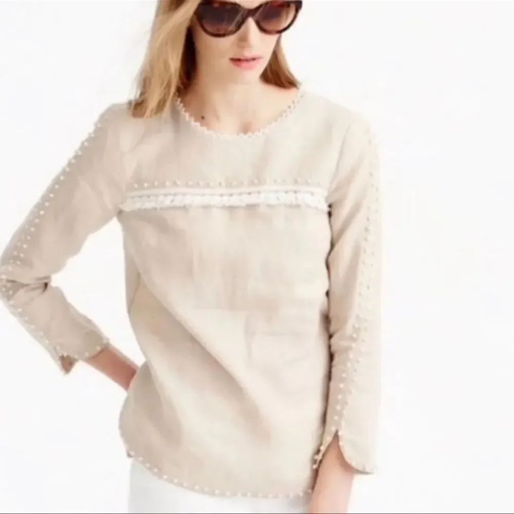 J. Crew Linen Neutral Embroidered Fringe 3/4 Sleeve Top Size 10p